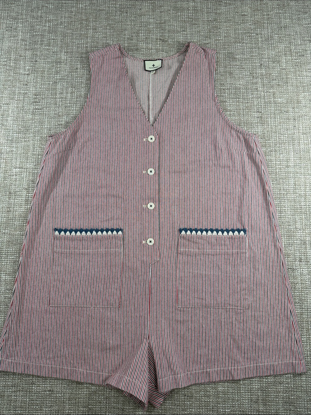Striped Red Sleeveless Romper with Button Front